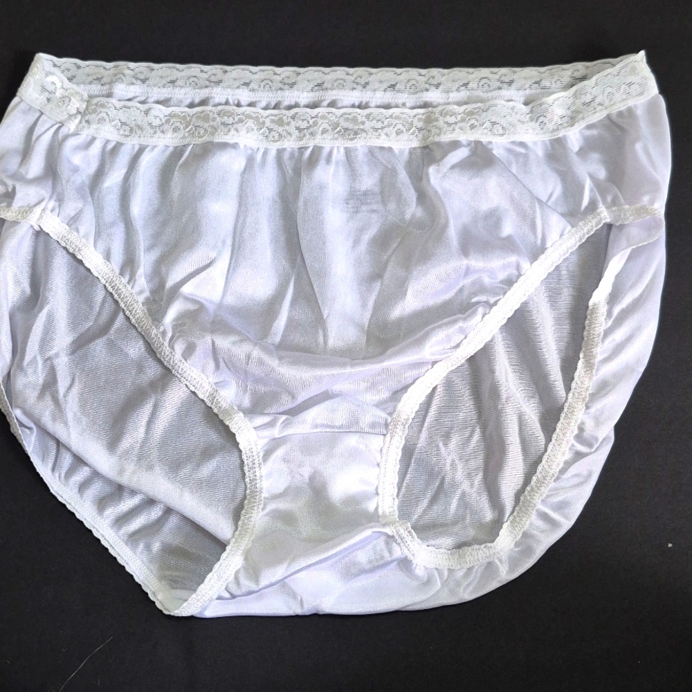 Vintage Hanes 15763 Satin Nylon Lace Granny Panties Hi Cut Briefs White sz 10
